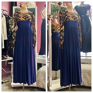 Vintage 60s 70s Maxi Dress Hostess Party Boho Hippy Blue Yellow Long Sleeves XXS